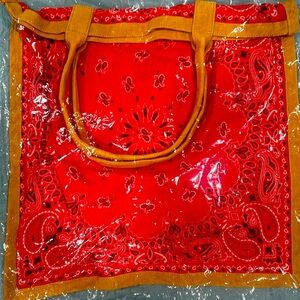 100% cotton bandanna, tote with suede trim, and handles